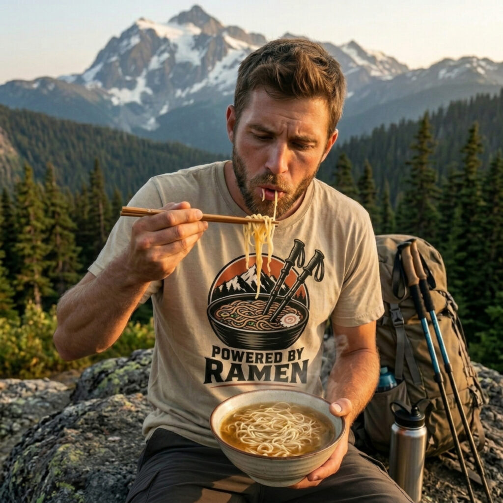 Hiker eating noodles while wearing Powered By Ramen tshirt