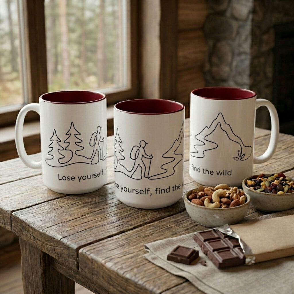 Hiker designs on three mugs