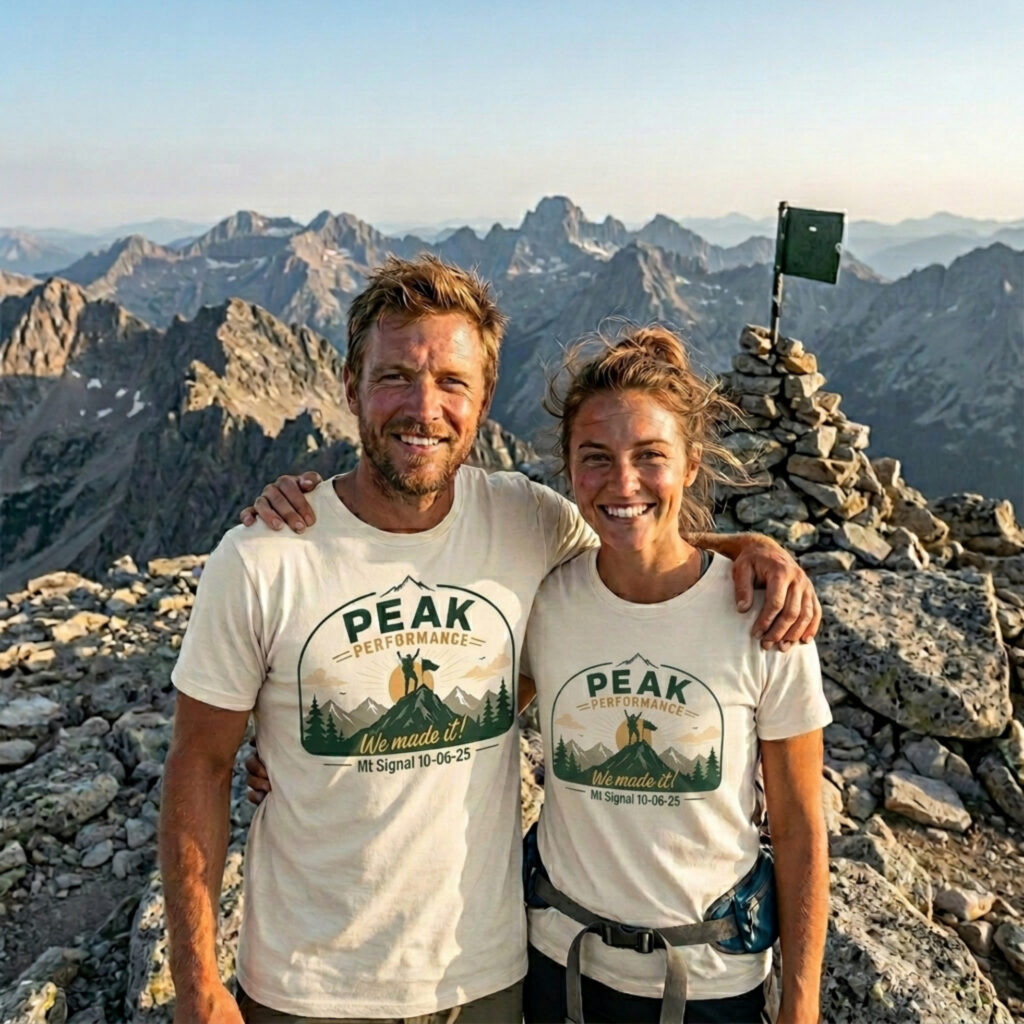 Two hikers on summit wearing Peak Performance t-shirts